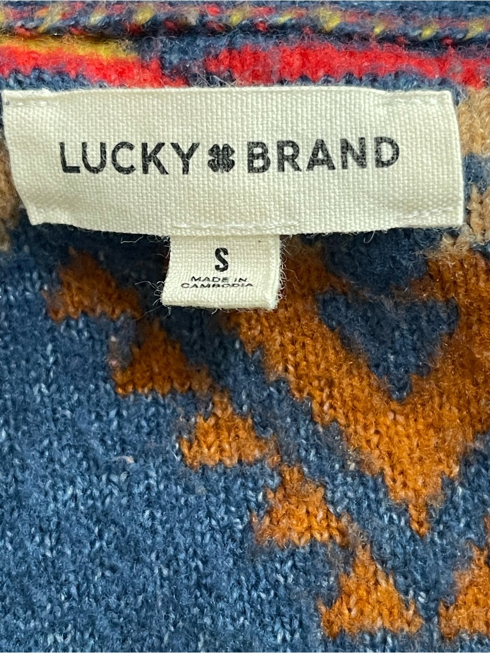 Lucky Brand Navy Aztec Open Cardigan with Red, Gold & Tan Accents - Picture 3 of 4